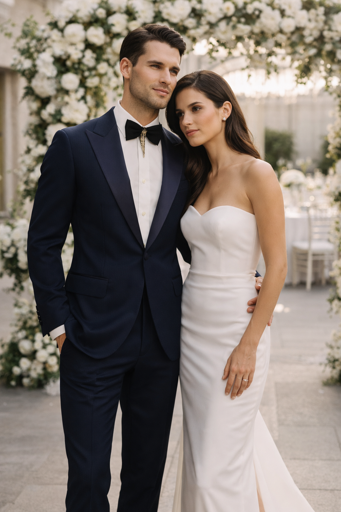 Men’s Navy Blue Suits with Satin Peak Lapel – Formal 2-Piece Set