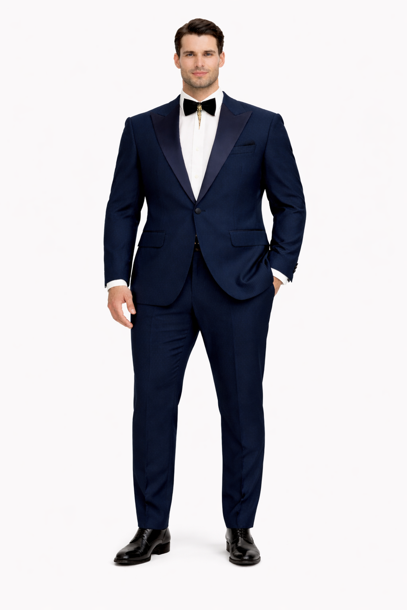 Men’s Navy Blue Suits with Satin Peak Lapel – Formal 2-Piece Set