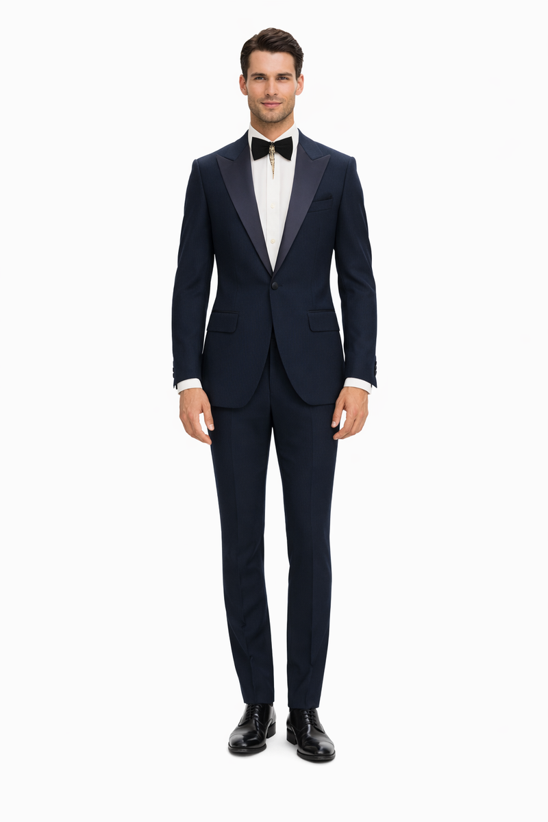 Men’s Navy Blue Suits with Satin Peak Lapel – Formal 2-Piece Set
