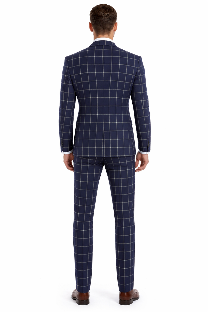 Men’s Navy Blue Windowpane Check Three Piece Suit – Modern Plaid Formal Vested Suit