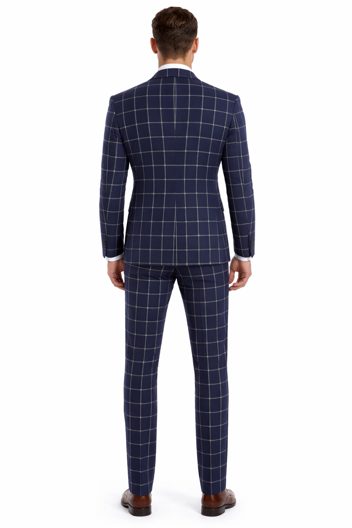 Men’s Navy Blue Windowpane Check Three Piece Suit – Modern Plaid Formal Vested Suit