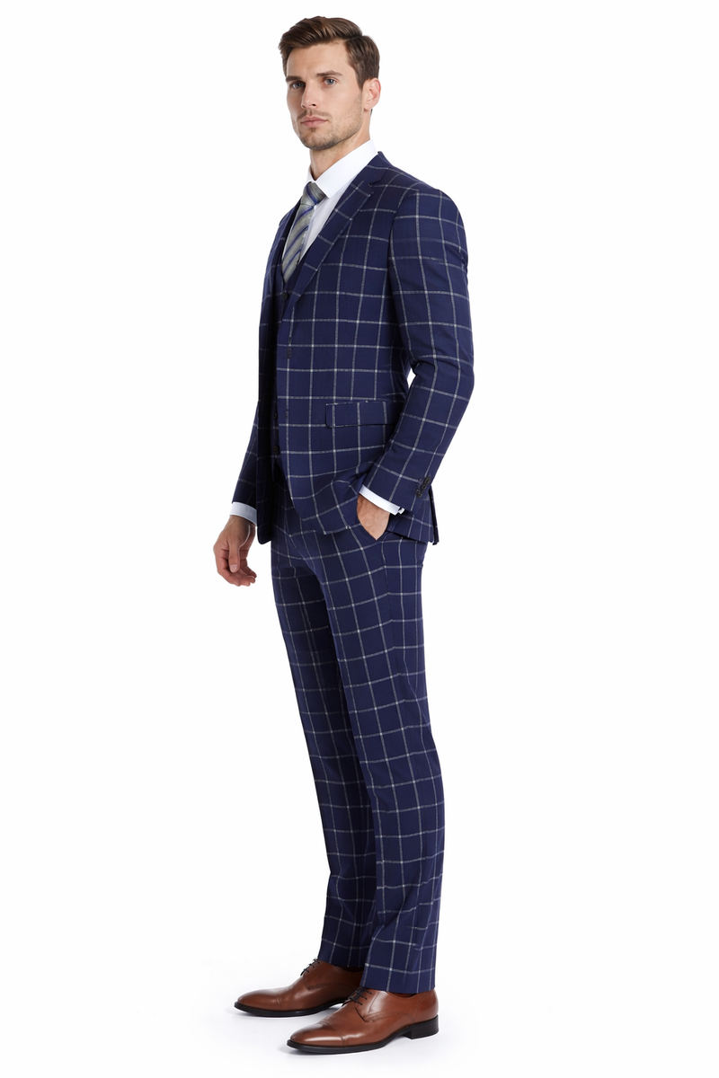 Men’s Navy Blue Windowpane Check Three Piece Suit – Modern Plaid Formal Vested Suit