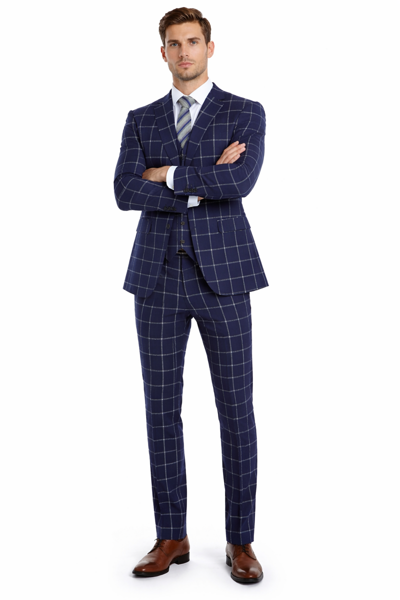 Men’s Navy Blue Windowpane Check Three Piece Suit – Modern Plaid Formal Vested Suit
