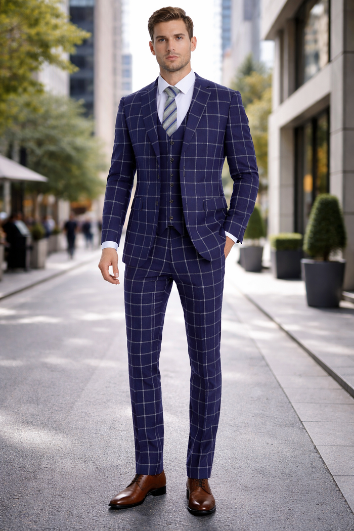 Men’s Navy Blue Windowpane Check Three Piece Suit – Modern Plaid Formal Vested Suit