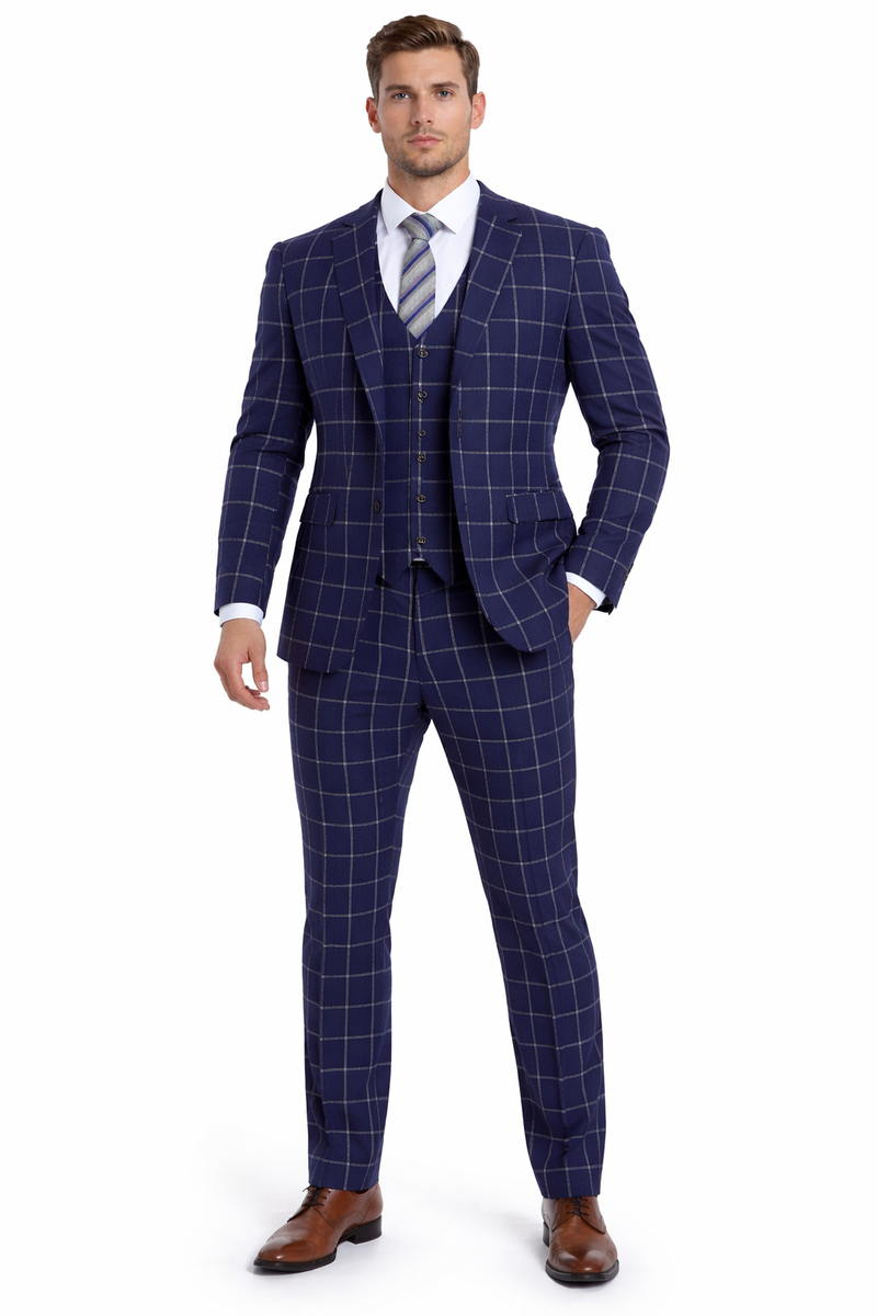 Men’s Navy Blue Windowpane Check Three Piece Suit – Modern Plaid Formal Vested Suit