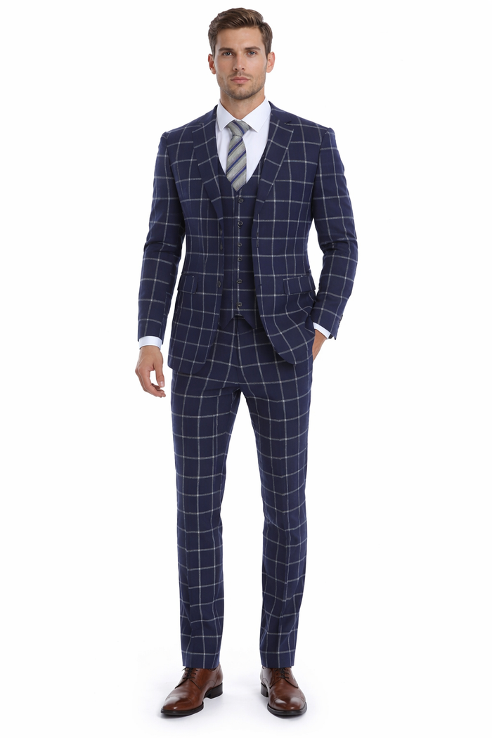 Men’s Navy Blue Windowpane Check Three Piece Suit – Modern Plaid Formal Vested Suit