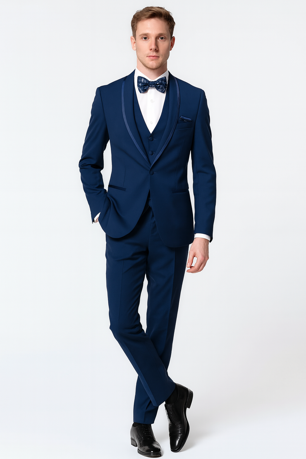 Men’s Navy Blue with Blue Trim Three-Piece Tuxedo with Satin Shawl Lapel and Bow Tie Wedding Suit