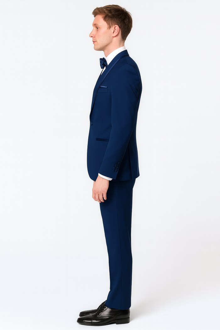 Navy blue three-piece tuxedo with satin shawl lapel, blue trim & bow tie. Features a fitted design, structured shoulders, and straight-cut trousers. Includes a matching vest for a formal, cohesive look.

