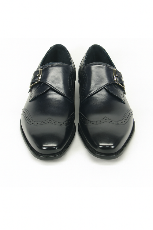 Mens Leather Wingtip Monk Strap Dress Shoe in Brown & Navy