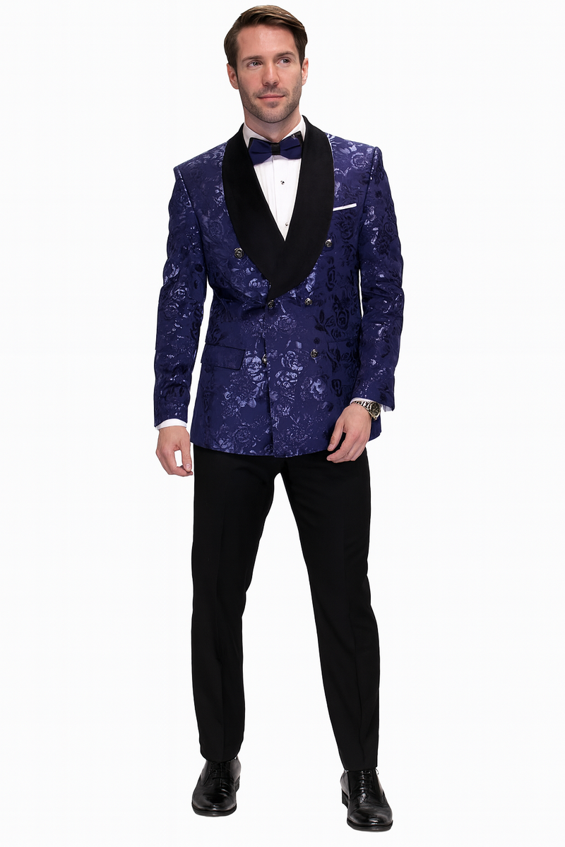Navy floral jacquard tuxedo jacket for men. Double-breasted with black shawl lapel. Intricate floral pattern in rich blue hue.
