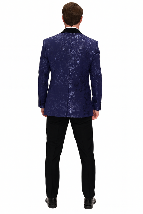 Navy floral jacquard tuxedo jacket with double-breasted design and black shawl lapel. Glossy floral pattern fabric. Stylish and formal.
