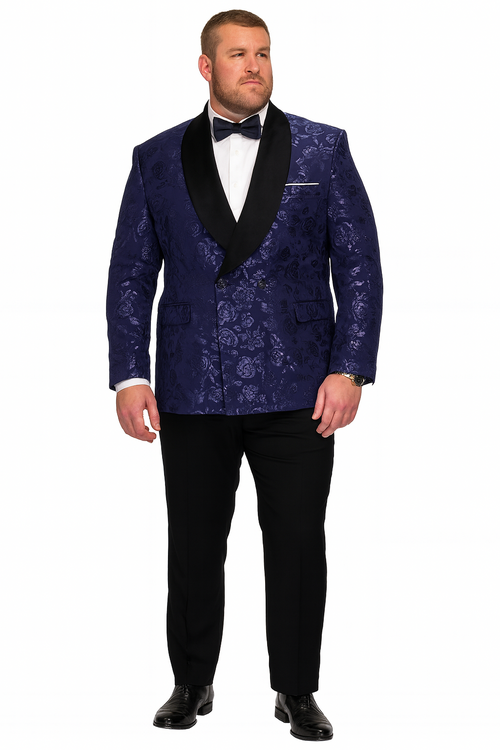 Navy floral jacquard tuxedo jacket for men. Double-breasted design with black shawl lapel. Textured floral pattern in rich navy.
