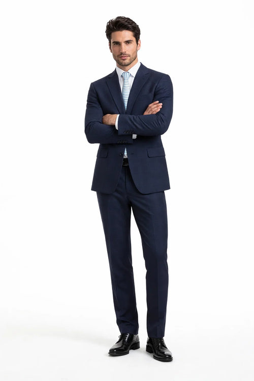 Mens Navy Plaid Suit Classic Fit Two Button Suit In Dark Blue Windowpane Plaid Check