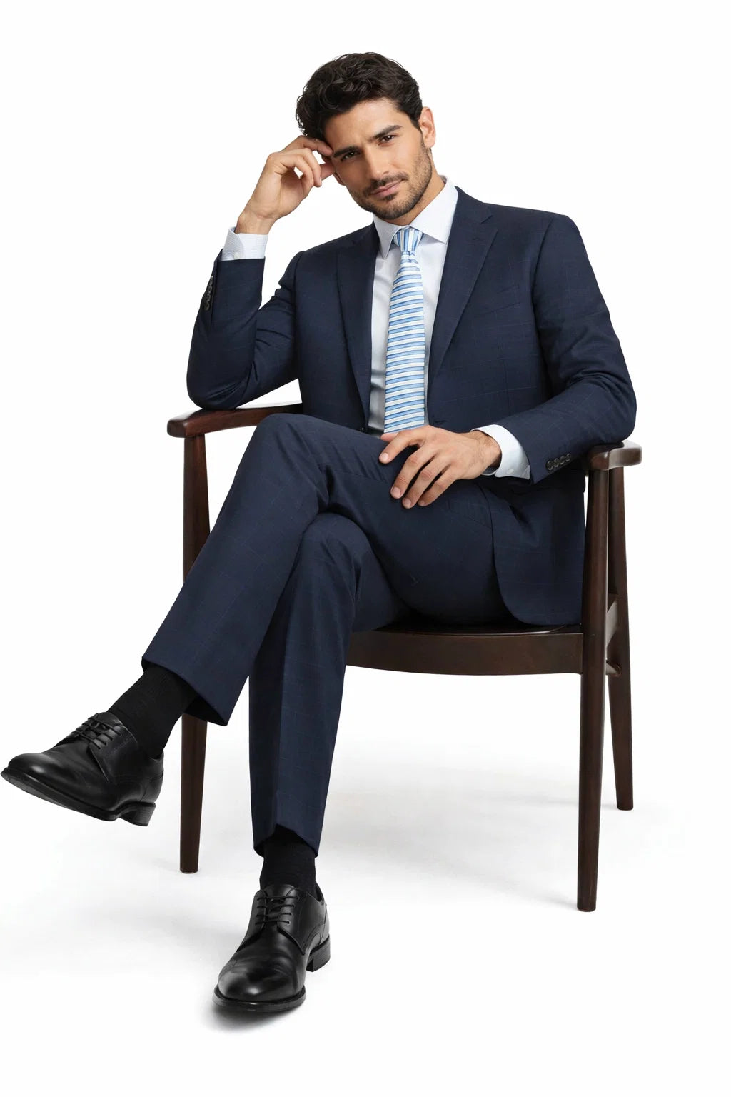 Mens Navy Plaid Suit Classic Fit Two Button Suit In Dark Blue Windowpane Plaid Check