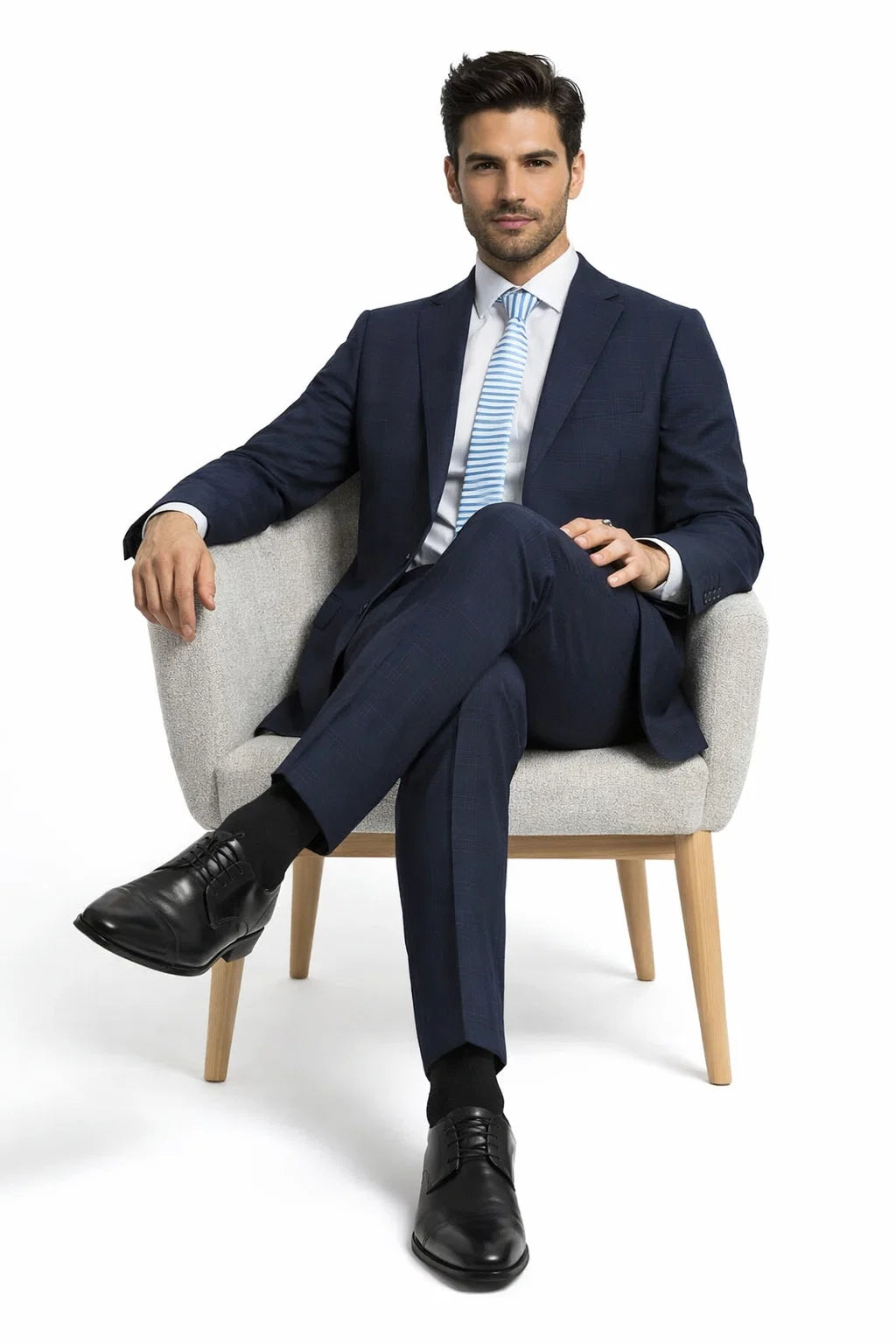 Mens Navy Plaid Suit Classic Fit Two Button Suit In Dark Blue Windowpane Plaid Check