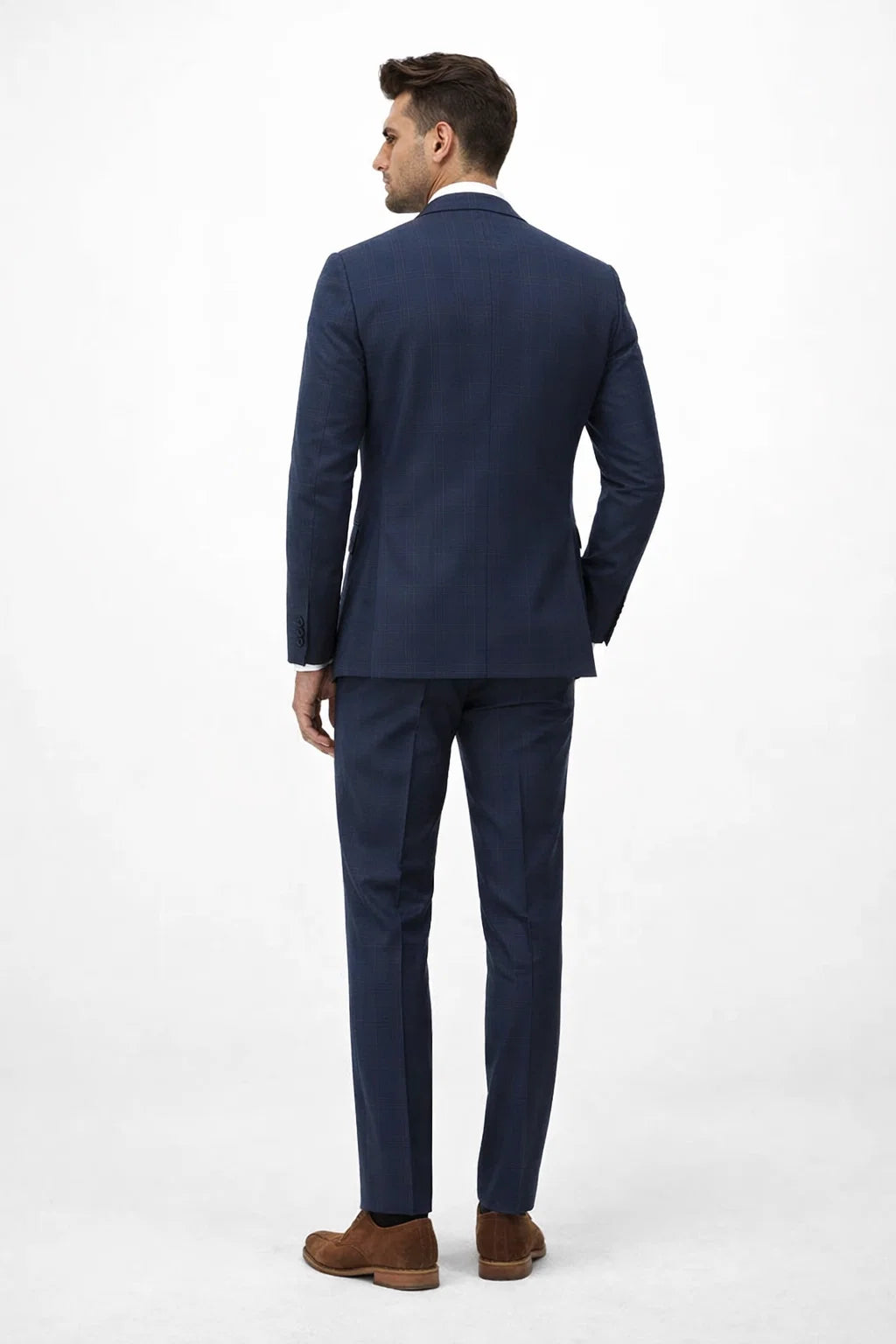 Mens Navy Plaid Suit Classic Fit Two Button Suit In Dark Blue Windowpane Plaid Check