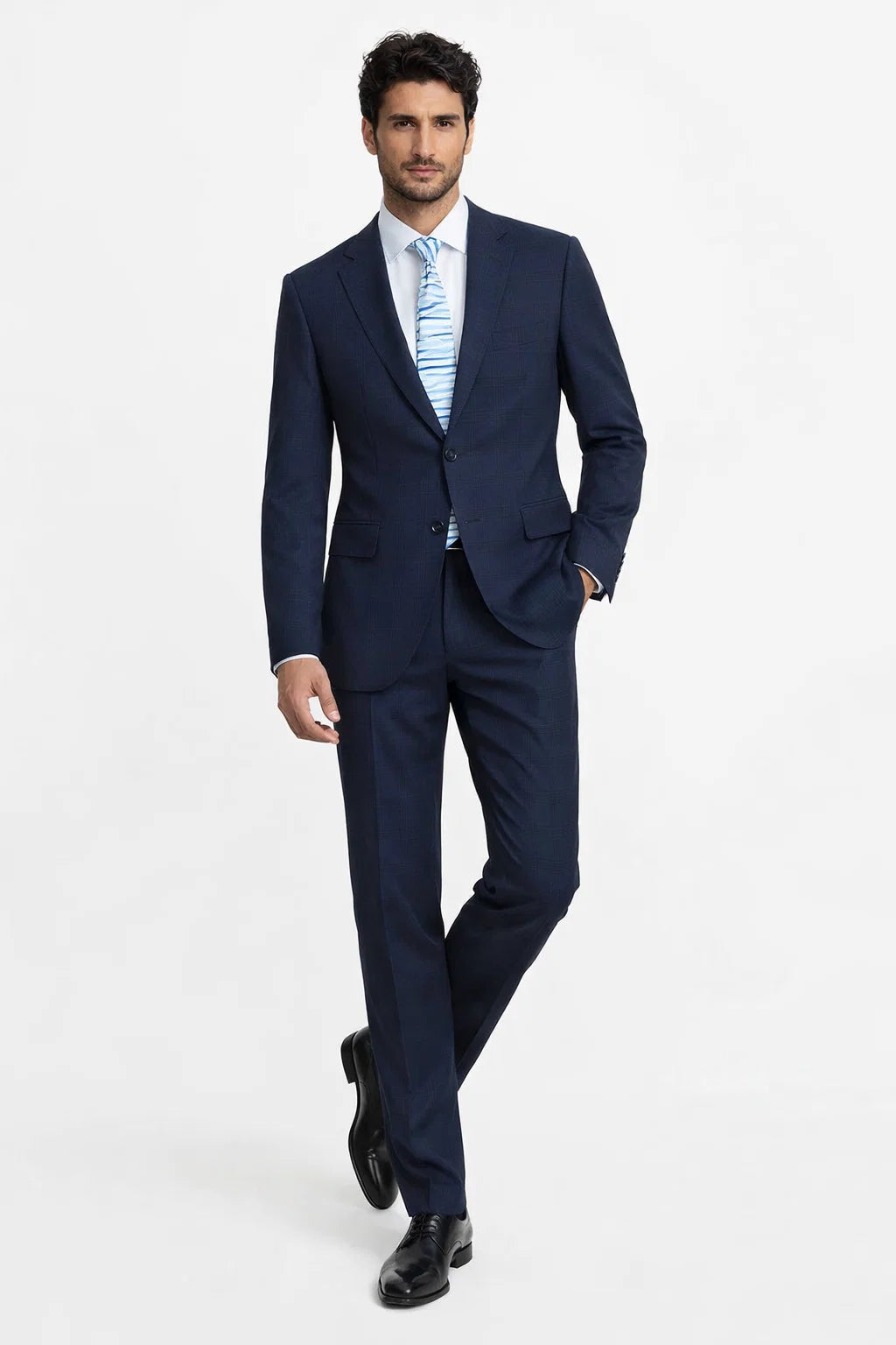 Mens Navy Plaid Suit Classic Fit Two Button Suit In Dark Blue Windowpane Plaid Check