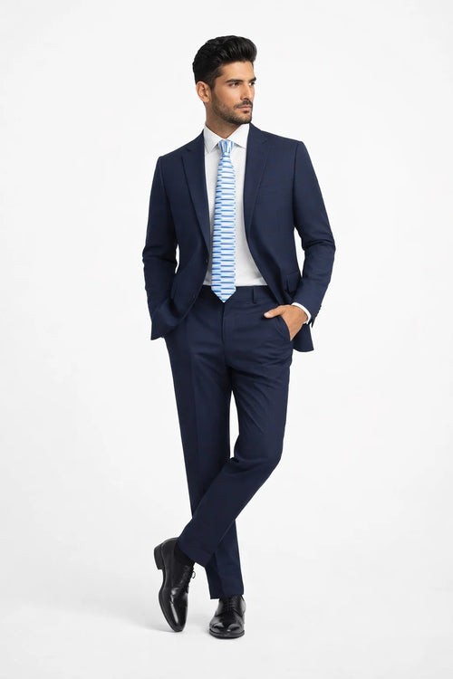 Mens Navy Plaid Suit Classic Fit Two Button Suit In Dark Blue Windowpane Plaid Check