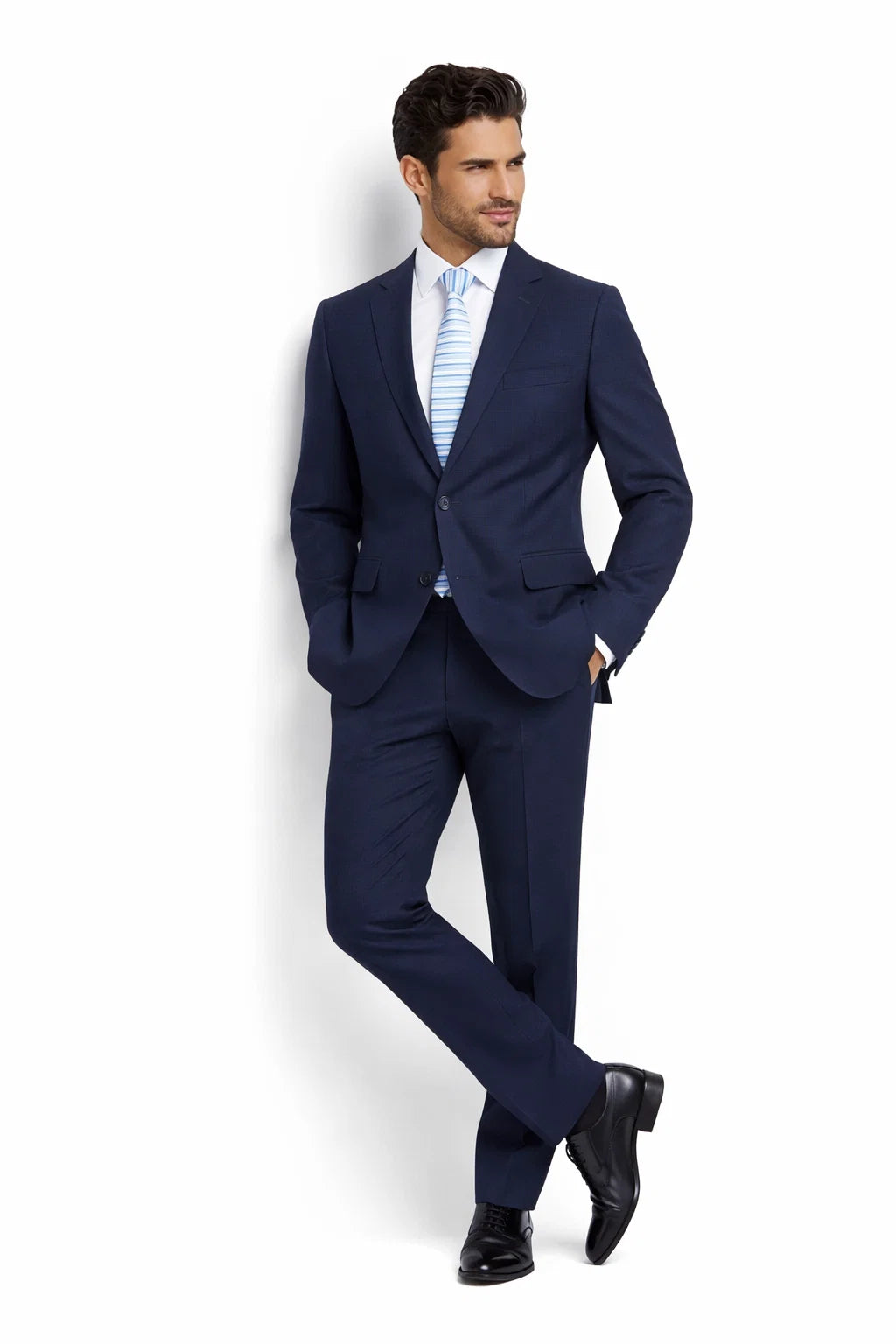 Mens Navy Plaid Suit Classic Fit Two Button Suit In Dark Blue Windowpane Plaid Check