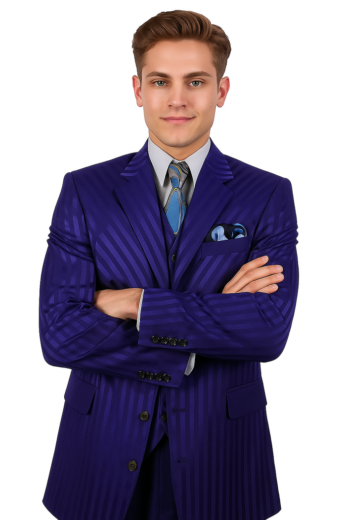 "Navy Blue Men's Shiny Tonal Stripe Fashion Suit - 4 Button Semi Wide Leg"