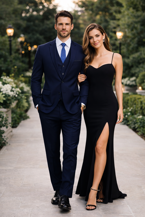 Mens 2 Button Skinny Vested Wool Navy Blue  Suit