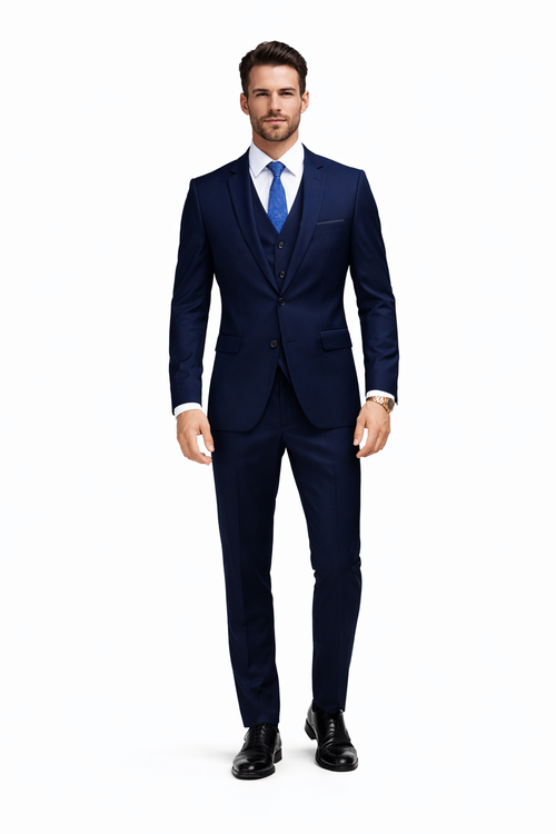 Mens 2 Button Skinny Vested Wool Navy Blue  Suit