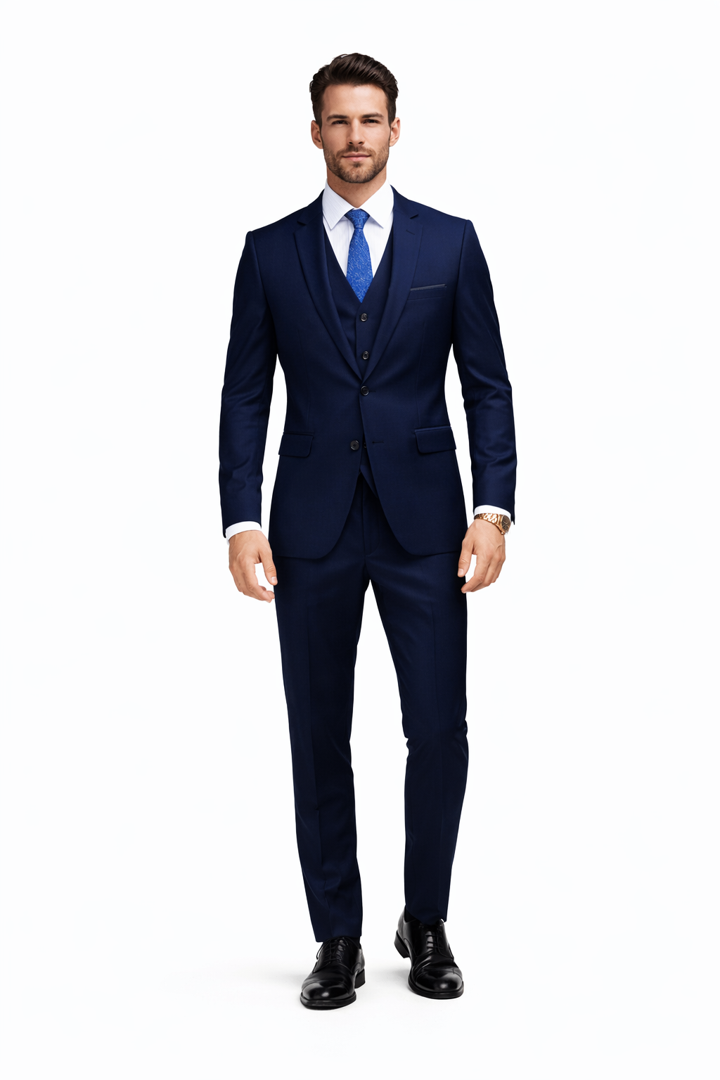 Mens 2 Button Skinny Vested Wool Navy Blue  Suit