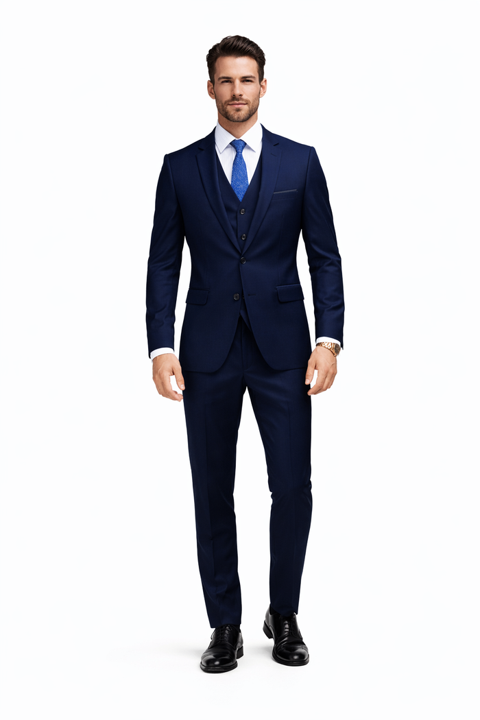Mens 2 Button Skinny Vested Wool Navy Blue  Suit