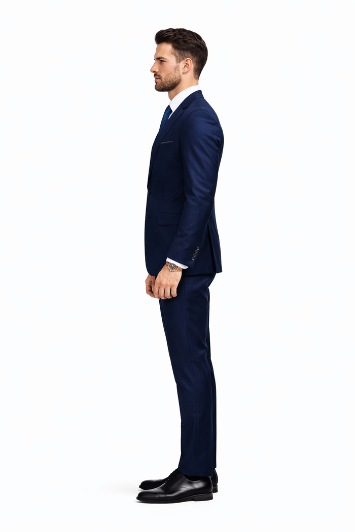Mens 2 Button Skinny Vested Wool Navy Blue  Suit