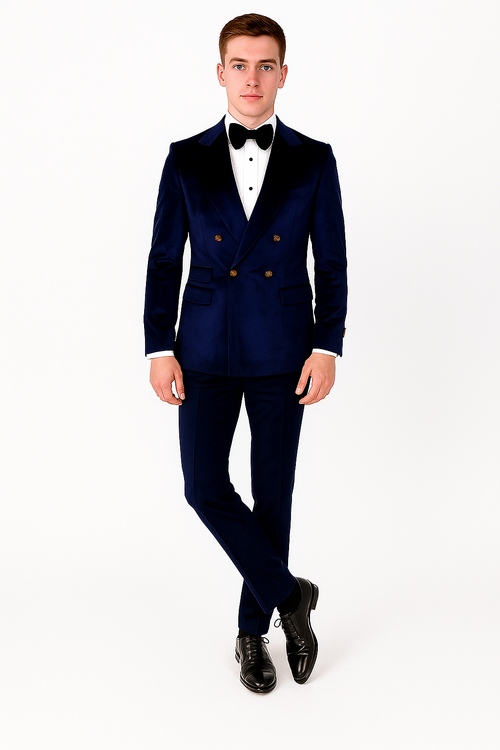 Navy Blue Velvet Double Breasted Suits - Velvet Pants - Slim Fit Suit