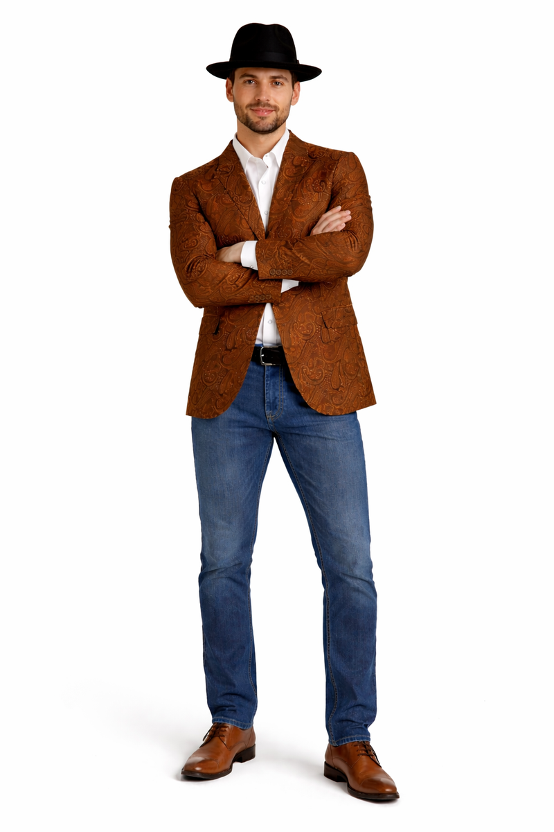 Mens Notch Lapel Paisley Blazer Copper
