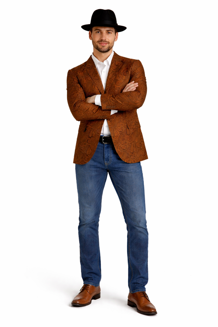 Mens Notch Lapel Paisley Blazer Copper