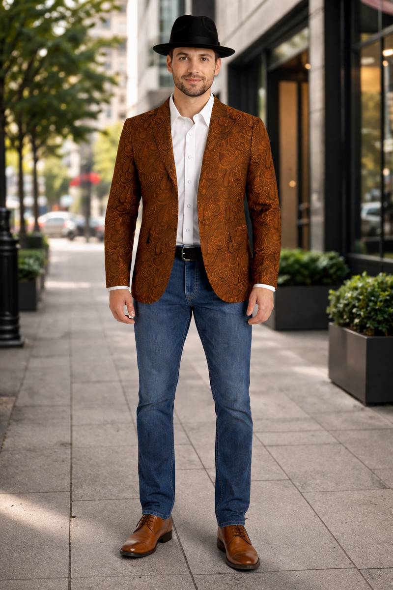 Mens Notch Lapel Paisley Blazer Copper