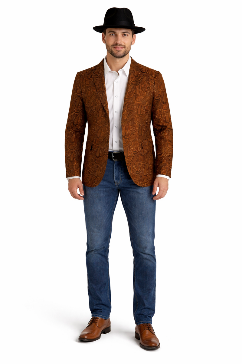 Mens Notch Lapel Paisley Blazer Copper