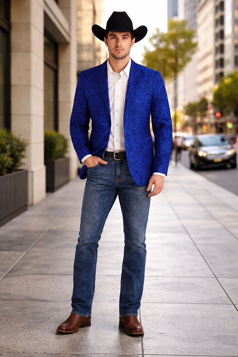 Mens Notch Lapel Paisley Blazer Royal