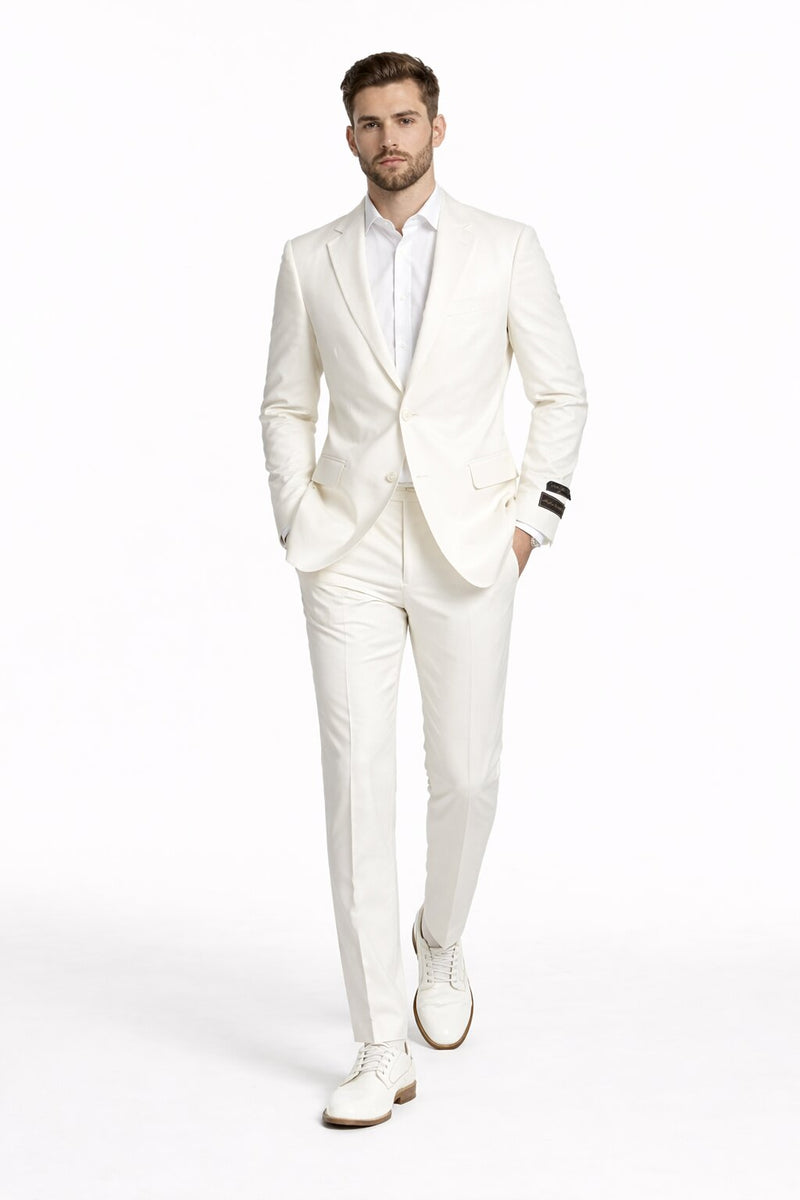 Tiglio Italian Suit - Real Wool Fabric Super 150's Novello Off-White, Modern Fit Suit in Color Off-White
