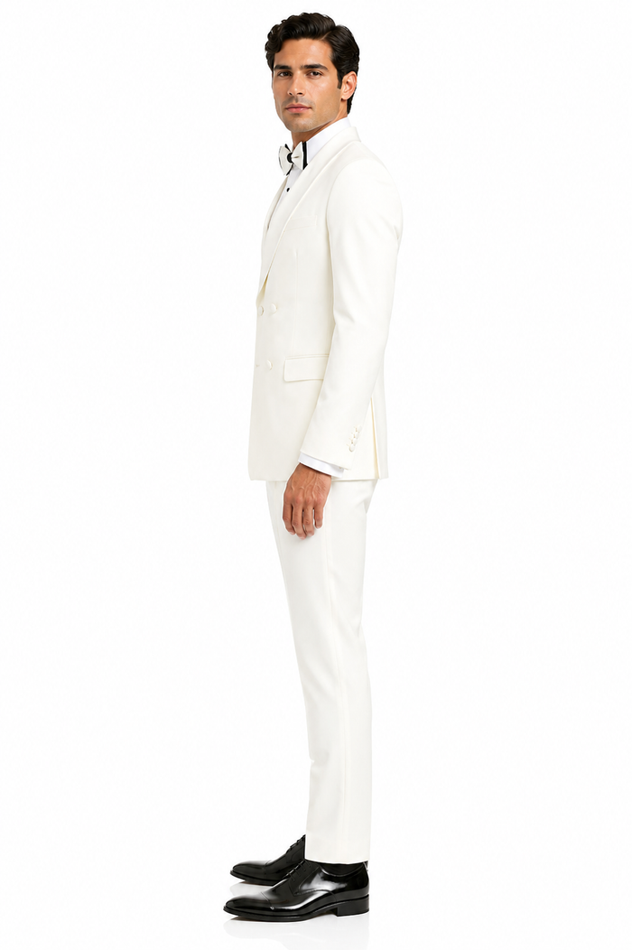 Mens Off-White Double Breasted Tuxedo Jacket with Shawl Lapel | Formal Wedding Suit in Ivory Cream Color