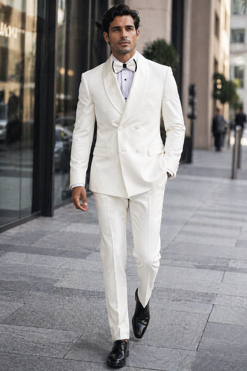 Mens Off-White Double Breasted Tuxedo Jacket with Shawl Lapel | Formal Wedding Suit in Ivory Cream Color