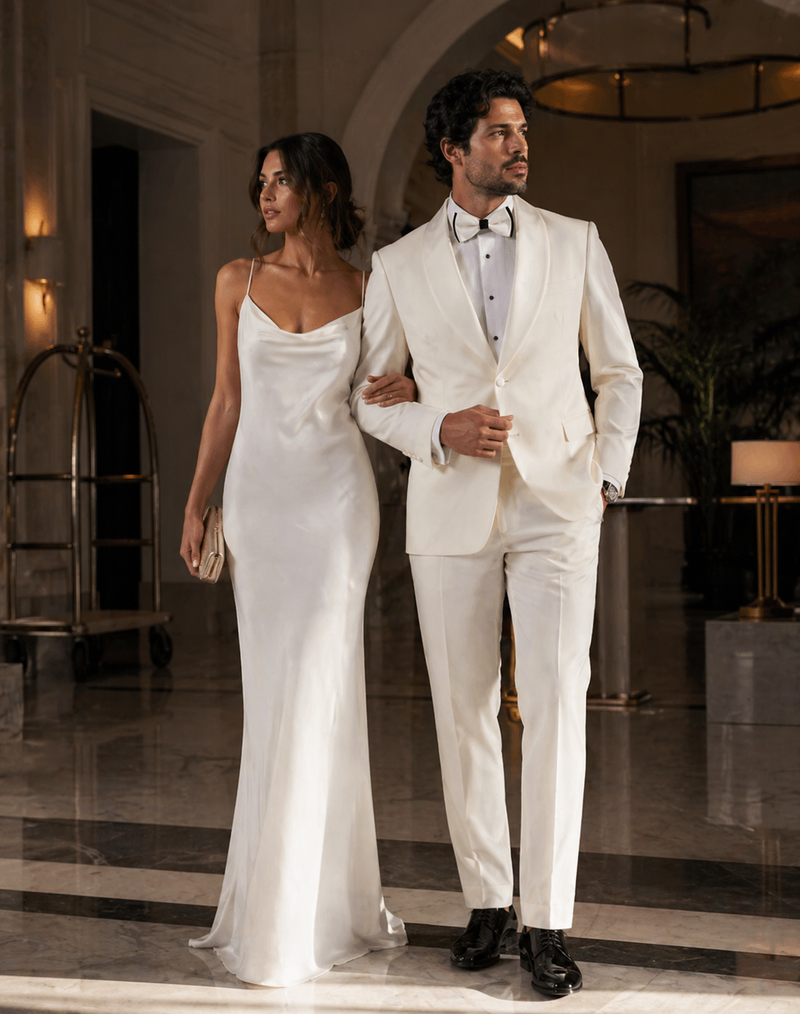 Mens Off-White Double Breasted Tuxedo Jacket with Shawl Lapel | Formal Wedding Suit in Ivory Cream Color