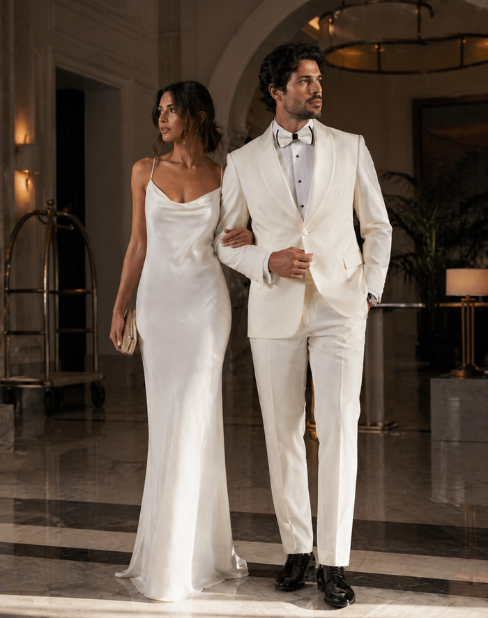 Mens Off-White Double Breasted Tuxedo Jacket with Shawl Lapel | Formal Wedding Suit in Ivory Cream Color