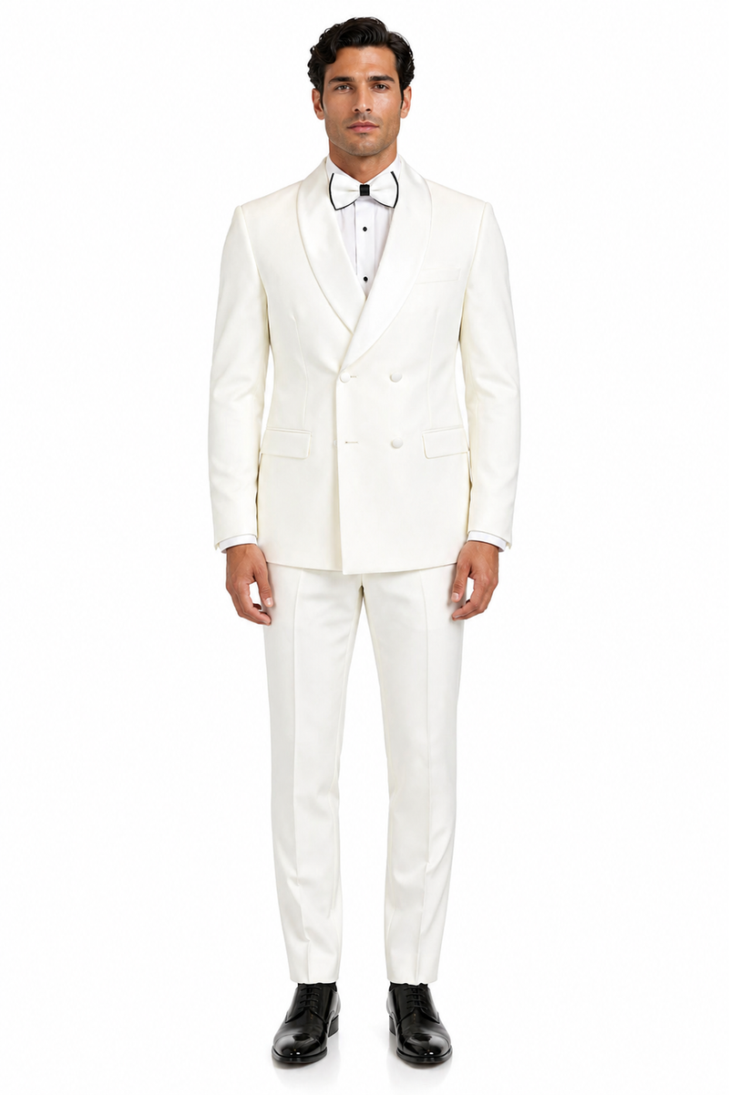 Mens Off-White Double Breasted Tuxedo Jacket with Shawl Lapel | Formal Wedding Suit in Ivory Cream Color