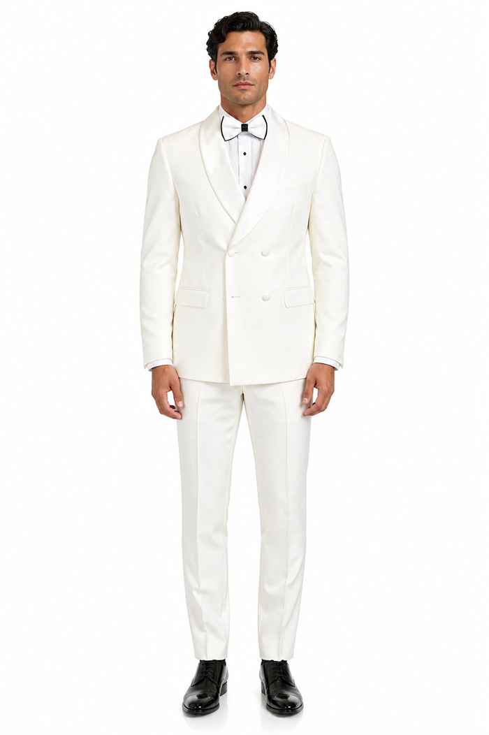Mens Off-White Double Breasted Tuxedo Jacket with Shawl Lapel | Formal Wedding Suit in Ivory Cream Color