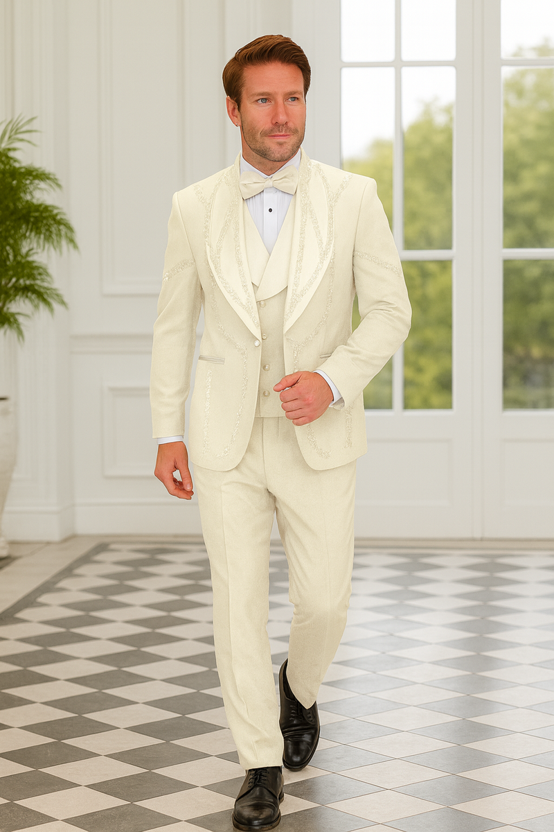 Alberto Nardoni off-white Italian wool tuxedo. Modern fit, 3-piece set: structured jacket (peaked lapel), matching vest, and flat-front trousers.