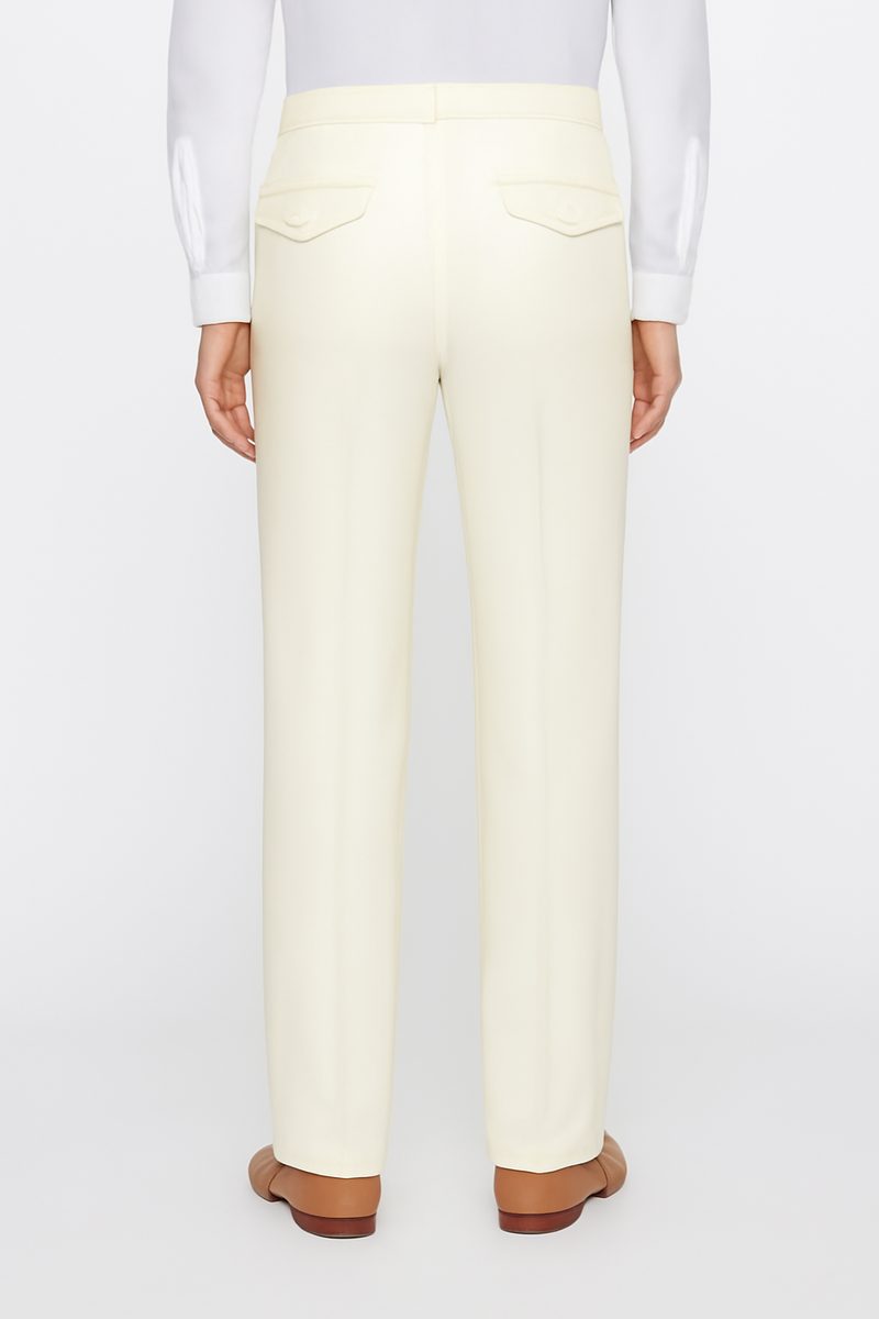 Tiglio Luxe Marbella Dress Pants: Off-white, semi-wide leg, wool blend. Features a structured waistband, two back pockets with flaps, and a subtle sheen.
