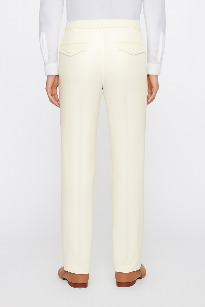 Tiglio Luxe Marbella Dress Pants: Off-white, semi-wide leg, wool blend. Features a structured waistband, two back pockets with flaps, and a subtle sheen.
