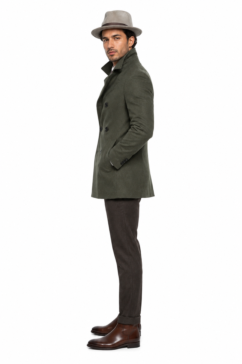 Men's Olive Green Designer Men's Wool Men's Peacoat Sale Double Breasted Wool Fabric