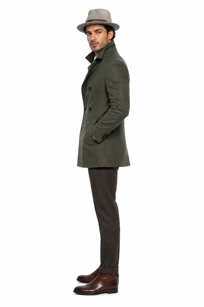 Men's Olive Green Designer Men's Wool Men's Peacoat Sale Double Breasted Wool Fabric