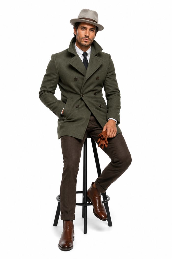Men's Olive Green Designer Men's Wool Men's Peacoat Sale Double Breasted Wool Fabric