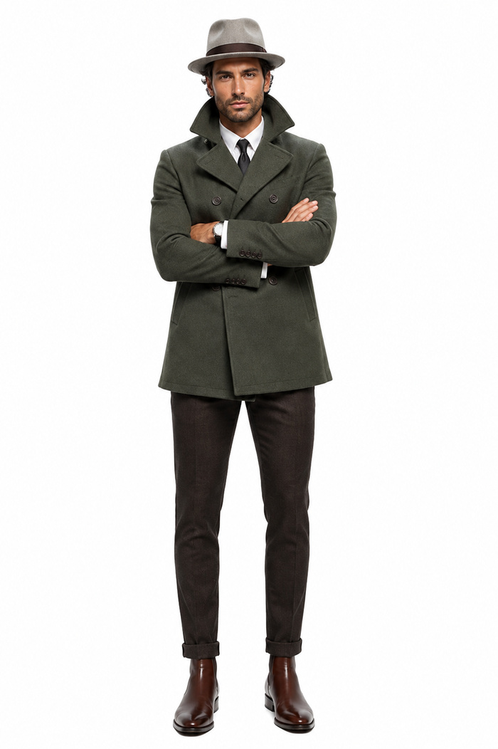 Men's Olive Green Designer Men's Wool Men's Peacoat Sale Double Breasted Wool Fabric