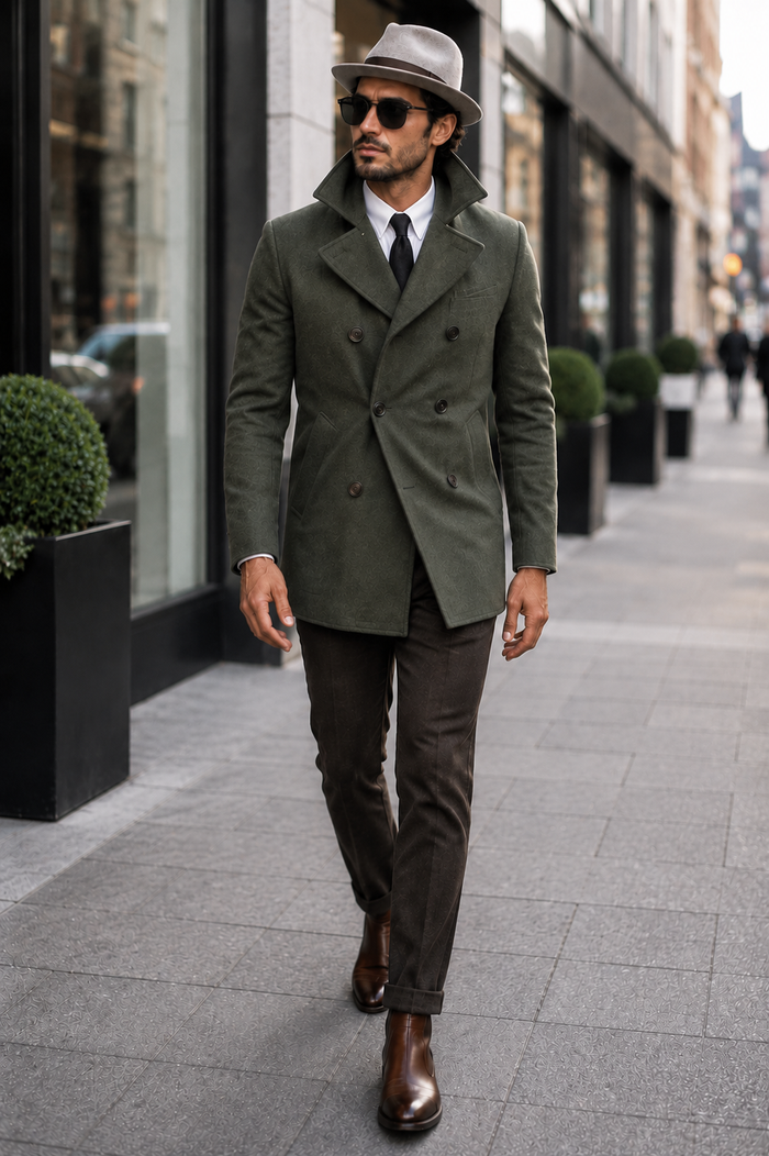 Men's Olive Green Designer Men's Wool Men's Peacoat Sale Double Breasted Wool Fabric